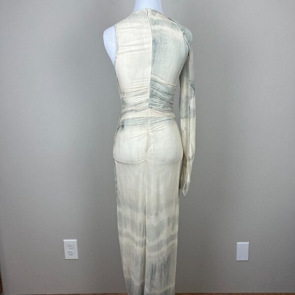 Zara Maxi Dress Womens XS Cream Gray Ruched One Shoulder Long‎ Sleeve Mesh Y2K - Picture 6 of 15